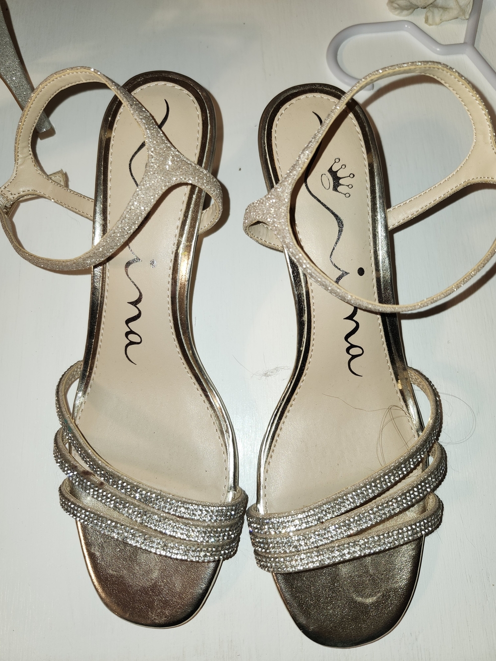 Nina Bettany Gold Metallic Rhinestone Ankle Strap Sandals Size 8